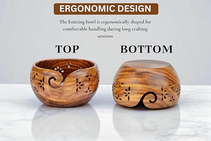 Large Yarn Bowl for Crocheting, Indian Rosewood Knitting Wooden Large Yarn Bowl Holder, Handmade Crocheting String Storage Holder, Knitting Crochet Accessories. (Brown)