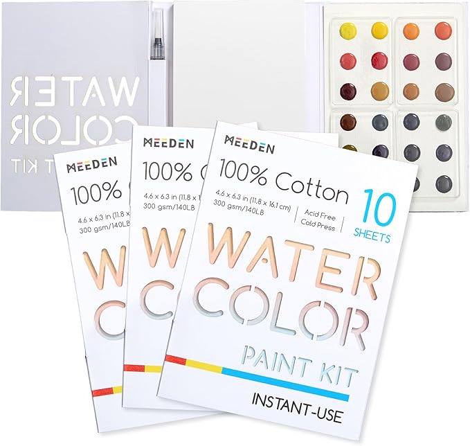 MEEDEN Watercolor Paint Set - 24 Colors Painting Supplies with 10 Watercolor Papers & Brush, Portable Art Paint Kit Perfect as Travel Set for Outdoor Artist