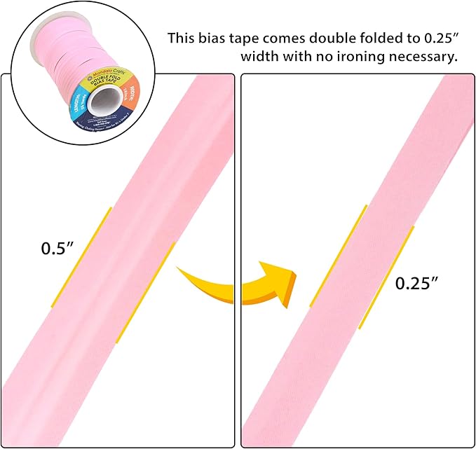 Mandala Crafts 55 Yards 1/4 Inch Pink Double Fold Bias Tape for Sewing - Bias Binding Tape for Quilting Binding, Hemming, Seam, and Fabric Piping