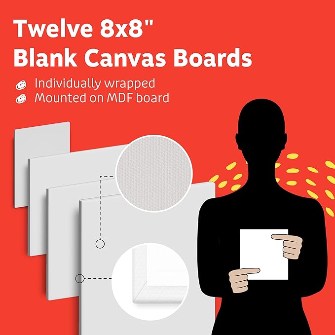 Artlicious Canvases for Painting 12 Packs - 8 x 8” Blank Canvas 100% Cotton Painting Canvas Panels for Acrylic, Oil & Watercolor Paint for Canvas Painting