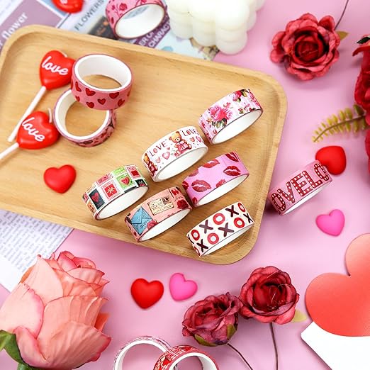 12 Rolls Valentine's Day Washi Tape Set, Pink & Red Hearts Decorative Tape Love Letters Roses Masking Tape for Journaling Supplies, Junk Journal, Scrapbooking, DIY Arts & Crafts, Gift Wrapping