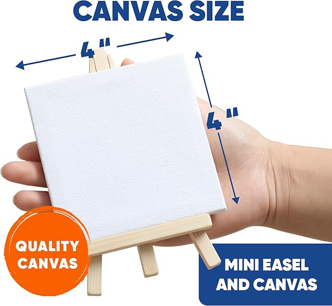 Mini Canvas and Easel Set with 10 Colors Acrylic Paint in Bulk Set of 12 - Kids Art Party Favors & Party Supplies - 4x4 Small Canvases for Painting with Mini Easel - Paint for Kids