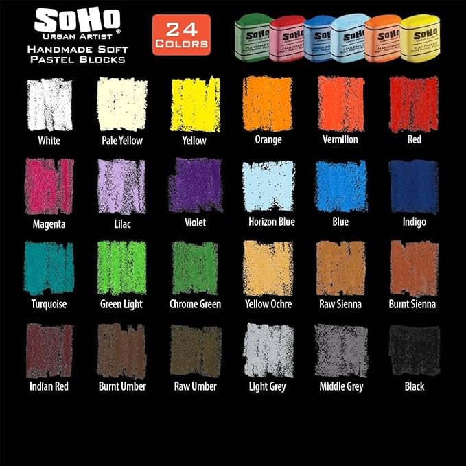 Soho Urban Artist Handmade Soft Pastel Blocks - Assorted Set of 24 Professional Pastels - Velvety Colors for Toning Paper, Large-Scale Drawings, & Layering - Lightfast and Highly Pigmented