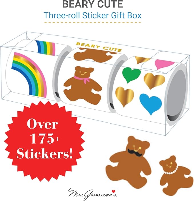 Mrs. Grossman's Beary Cute 3-Roll Sticker Gift Box with Over 175 Premium Stickers with Bears, Rainbows, and Hearts for Collecting, Scrapbooking and Decoration, Kids and Adults