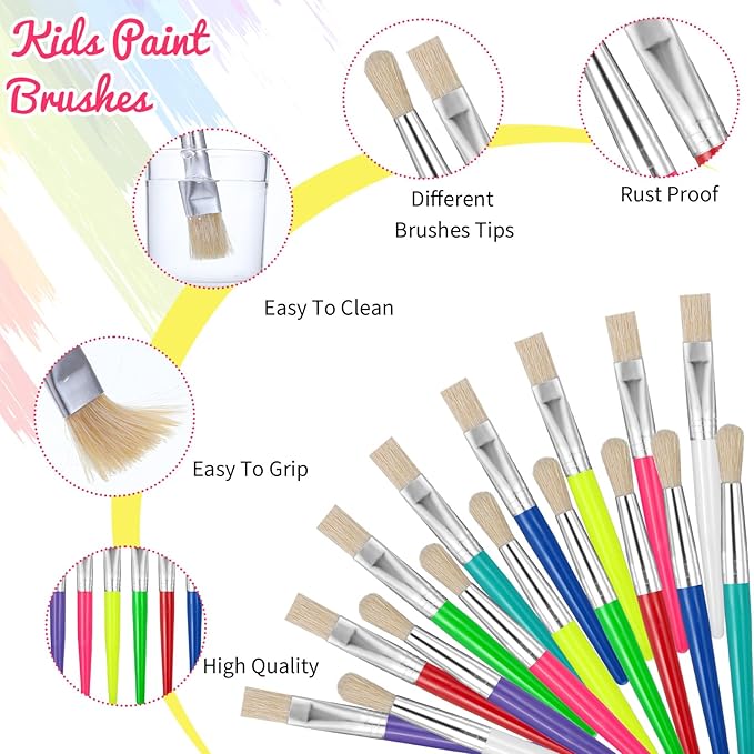 64 Pcs Paint Brushes Sets for Kids Toddler Art Supplies Large Chubby Round and Flat Brush for School Washable Acrylic Oil Paint