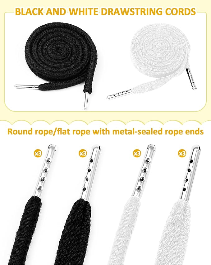 FIVEIZERO 16pcs Drawstring Cord Kit-12pcs Hoodie Strings (Flat & Round,Black & White) with Drawstring Threader Tools,Bodkin,Rope Threader–Draw String Replacement for Pants,Shorts,Shoes,Sweatpants,Bag