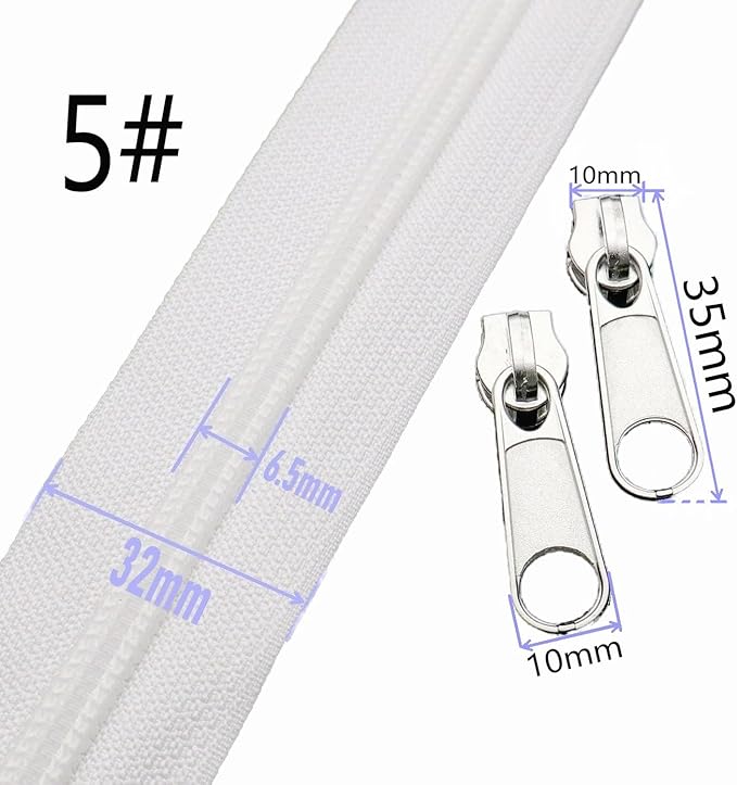 Leekayer #5 White Nylon Coil Zippers by The Yard Bulk 10 Yards with 25pcs Silver Sliders for DIY Sewing Tailor Craft Bag(White)