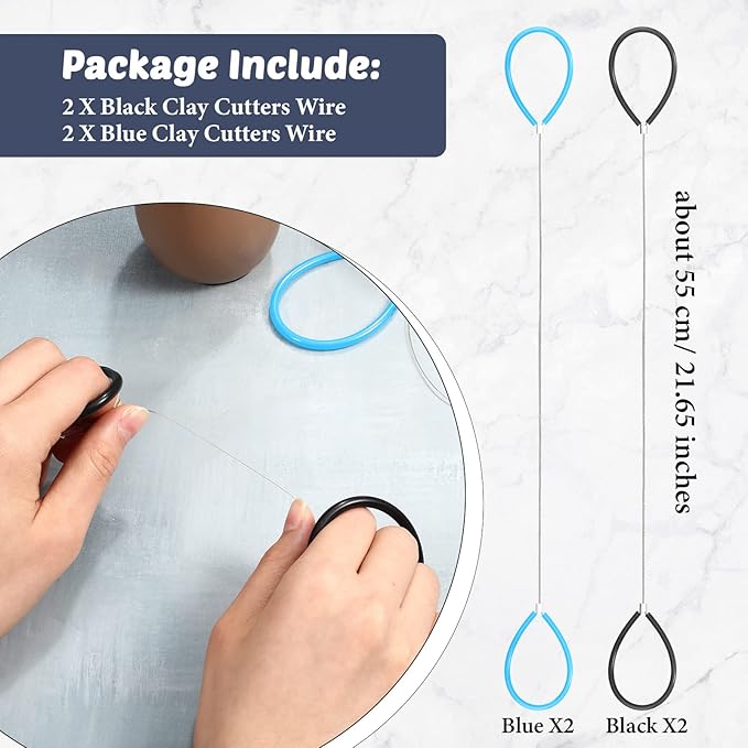 4 Pcs Clay Cutters Wire Steel Wire Clay Cutter Pottery Tools Cut Off Tools with Rubber Handle for Artist Sculpting Cheese Dough, Black, Blue