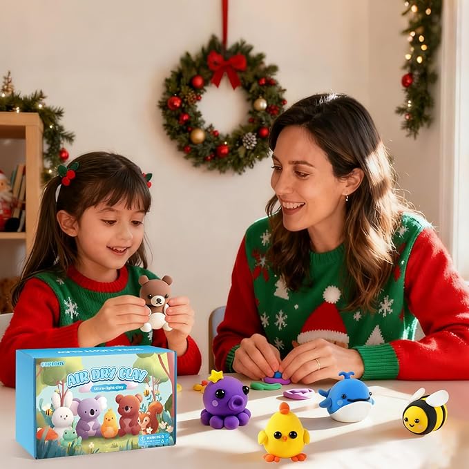 Christmas Air Dry Modeling Clay for Kids, Polymer Clay Kit Super Light & Soft DIY Play Dough Animals Crafts Set, Creatibles Art and Crafts Christmas Gifts for Beginners Kids Boys Girls