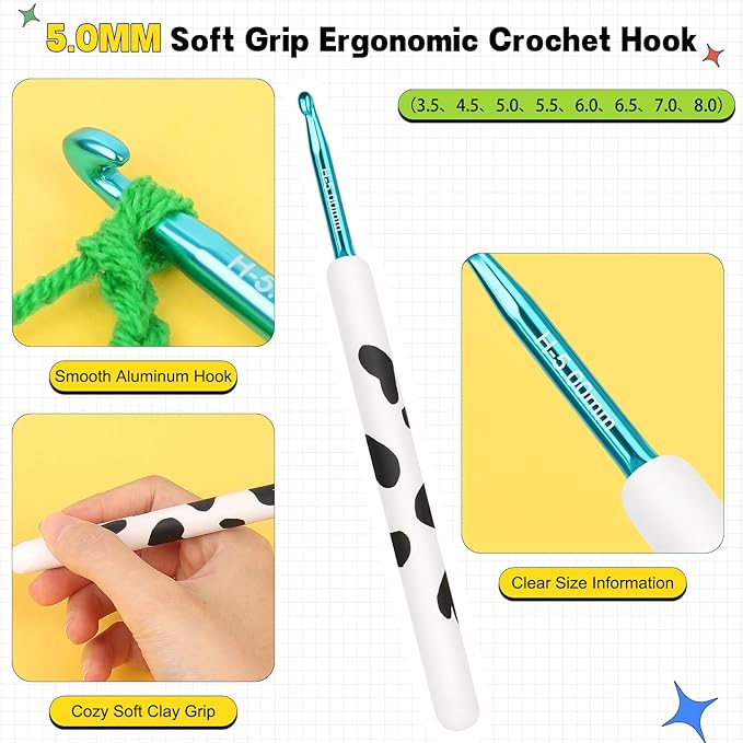 Katech Ergonomic Crochet Hook, Aluminum Soft Grip Crochet Hooks for Beginners and Arthritic Hands, Soft Clay Crochet Needle with Cow Motif and Bead Chain-Ideal Gift for Crocheter (5.0mm)