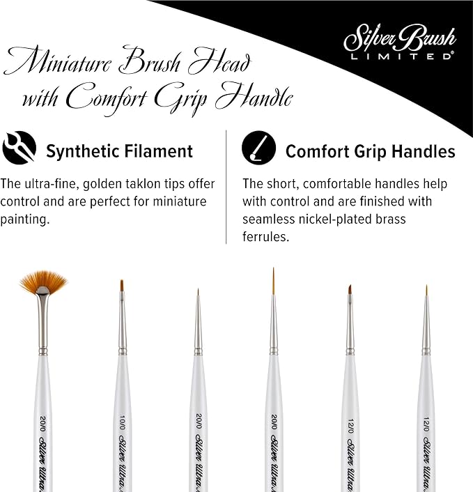 Silver Brush Limited UMS-2460S Ultra Mini Basic Miniature Detail Set, Paintbrushes for Watercolor, Gouache, Inks, Dyes, Acrylic, & Heavy Body Paints, Set of 6, Short Handle