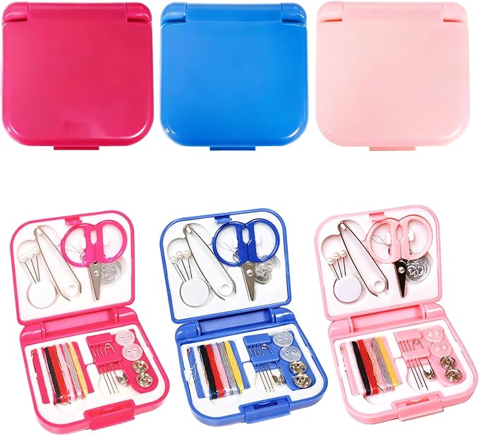 3 Pcs Mini Travel Emergency Sewing Kit – Portable Plastic Box Set with Threads,Needles,Scissors & Threader,Beginner-Friendly for Adults,Women,Mom,Traveler (Pink,Blue,Fuchsia)