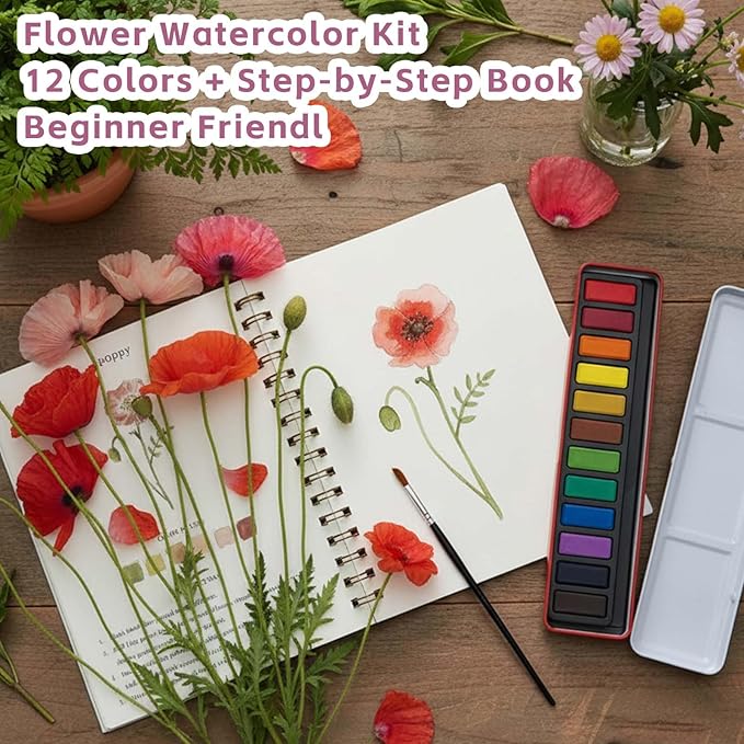 Watercolor Workbooks, Beginner Watercolor Painting Kit – 12 Colors Paint Set with Brush – Perfect for Gifting to Spark Creativity & Joy for Adults （Flower）