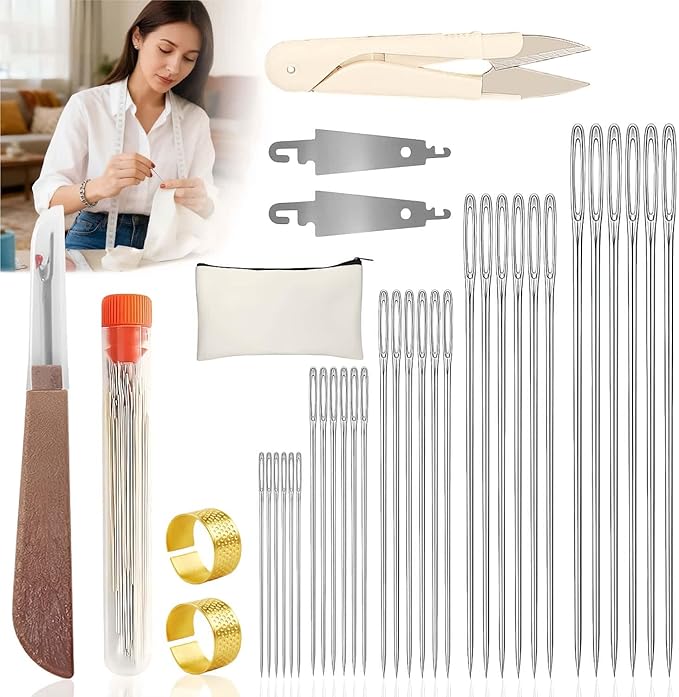 33pcs Big Eye Steel Sewing Kits Christmas White Elephant Gifts for Grandma Adults Teen Girls Beginner Traveler DIY Craft Enthusiasts, Threader and Stainless Steel Sewing Needles, Storage Pouch