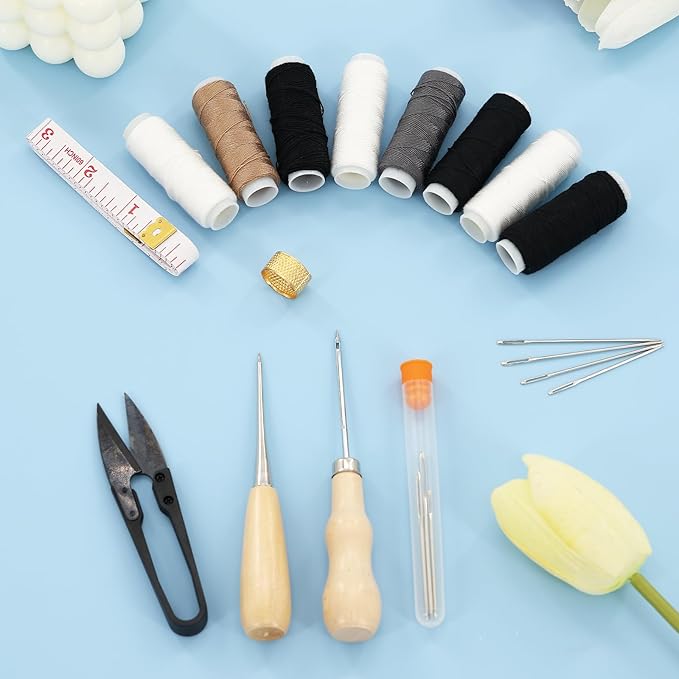 Mini Sewing Kit Upholstery Repair Kit Includes Thumb Sleeve, Scissors, Awl, Measuring Tape. Suitable for Cars, Sofas, Backpacks, Shoes, Tents, Mattresses, Binding Handmade DIY