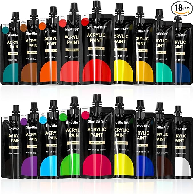 Shuttle Art Acrylic Paint, 18 Colors Acrylic Paint Pouches (120ml/4.06oz), Artist Grade Paint Set, Rich Pigments, Non-Toxic for Artists, Beginners and Kids on Rocks Crafts Canvas Wood Ceramic