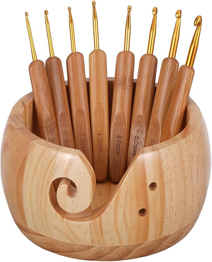 Wooden Yarn Bowl with 8Pcs Metal Crochet Hooks, Knitting Yarn Bowl with Holes Storage Handmade to Prevent Slipping, Perfect Yarn Holder Bowl for Crocheting and Knitting Mother's Day Gift 5" x 3"