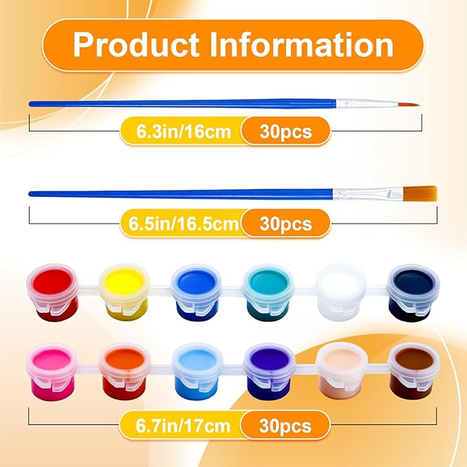 30 Pack Mini Acrylic Paint, 30Pcs 12 Color Washable Acrylic Paint Strips, 30 Flat and 30 Pointed Brushes, Great for Birthday Party Favors Home Painting Arts and Crafts Supplies