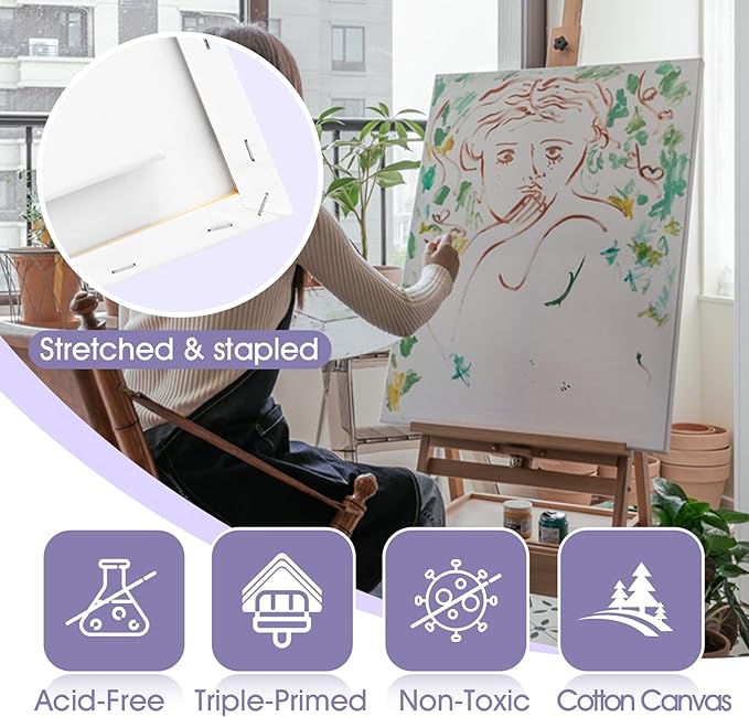 ESRICH Stretched Canvas for Painting 24x36 Inch, 2 Pack Large Canvas for Painting, Primed Acid-Free Cotton Blank Canvases 24x36 Inch, Large Painting Canvas for Oil Paint,Watercolor,Acrylic Paint.