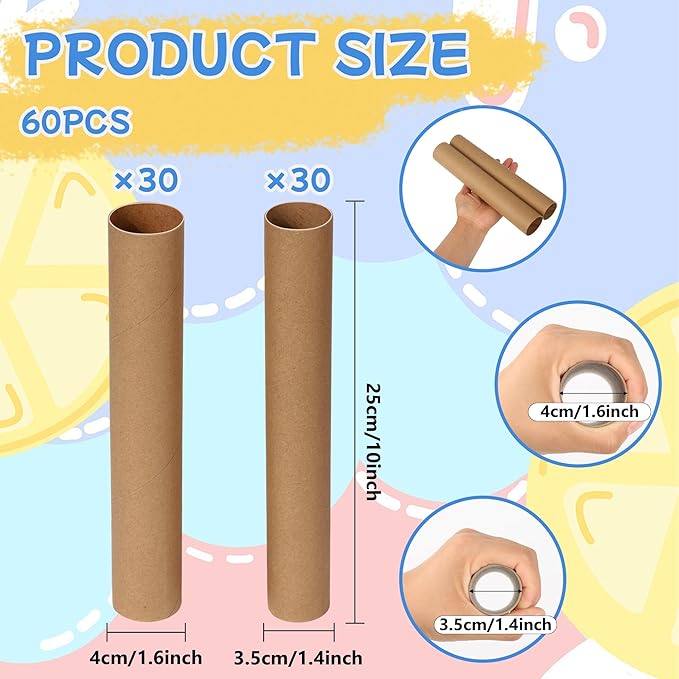 60 Pcs Cardboard Tubes for Crafts 2 Size Empty Toilet Paper Rolls, Premium Kraft Paper Strong And Pressure-Resistant, Craft Tubes for Classroom DIY Projects(1.4 x 10 Inch, 1.6 x 10 Inch)