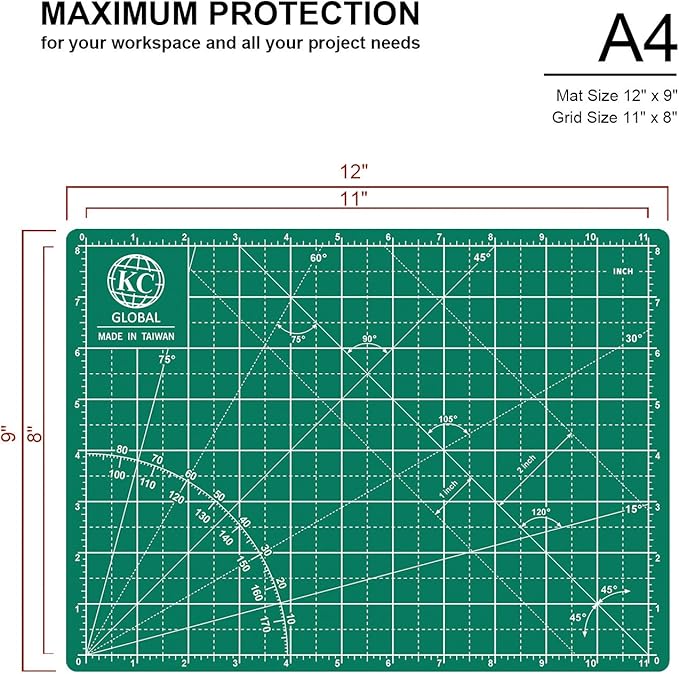 KC GLOBAL A4 (12"x9") Self-Healing Cutting Mat (Dark Green) - Sturdy, Reversible, Eco-Friendly, Non-Slip. Premium Desk Mat for Crafters, Quilters, and Hobbyist