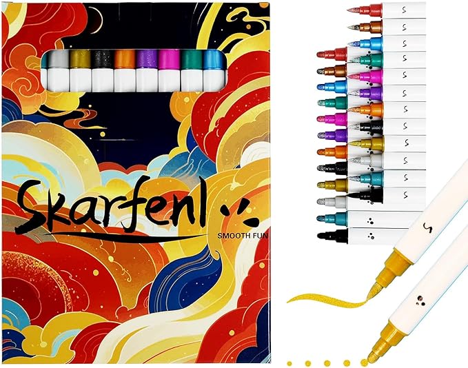 12 Acrylic Markers for Rock, Fabric, Wood, Glass, Easter Egg, Fabric Painting Craft Quick Dry Dual-Tip Water Based -No Toxic,No Odor-metalic colors