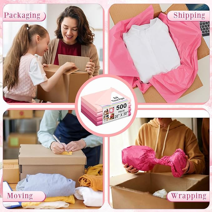 Qilery 500 Sheets Pink Tissue Paper Bulk for Gift Bags 20 x 30 Inch Acid Free Wrapping Paper Sheets for Valentine's Day Decoration DIY Crafts, Packing Supplies for Moving, Wedding Party, DIY Flowers