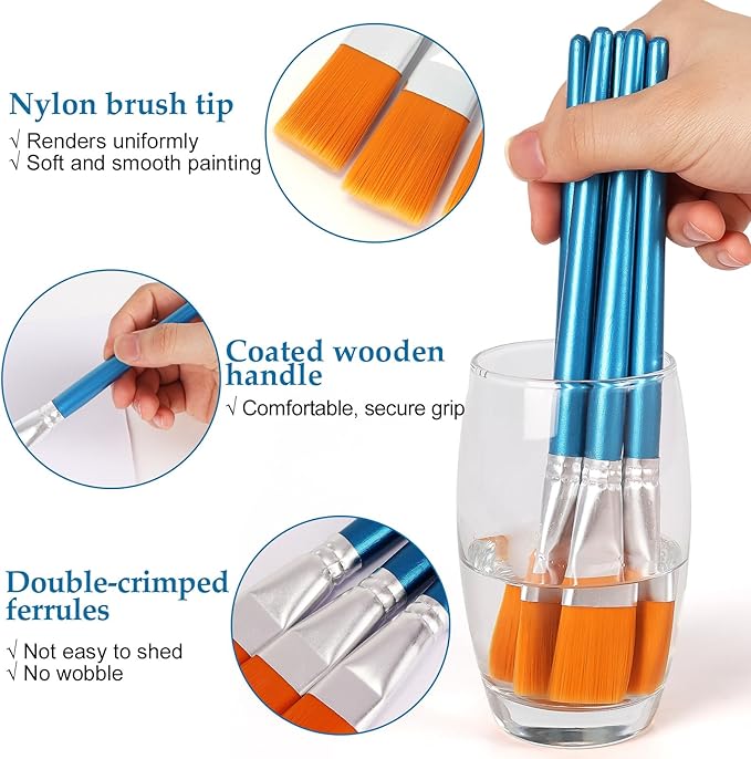 1 Inch Flat Paint Brushes for Acrylic Painting, 12 Pcs Acrylic Paint Brush Bulk, Arts Crafts Paintbrushes with Wooden Handle for Watercolor Oil Face Body Art Kids Adult Artist