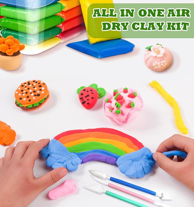 Air Dry Clay for Kids, 60 Colors Air Dry Modeling Clay, Molding Clay for Sculpting,Non-Sticky Soft, Sculpting Tools Guide, Arts Crafts for Kids Ages 8-12