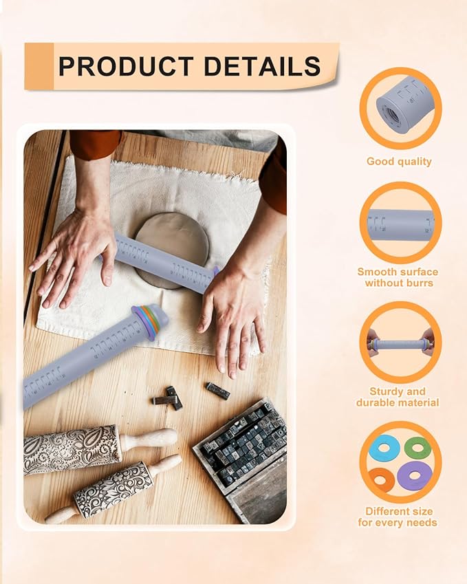 eZAKKA Adjustable Rolling Pin with Thickness Rings, 12inch Clay Pottery for Clay Tools, Pottery Tools with Clay Slab Roller & Clay Guides Sticks