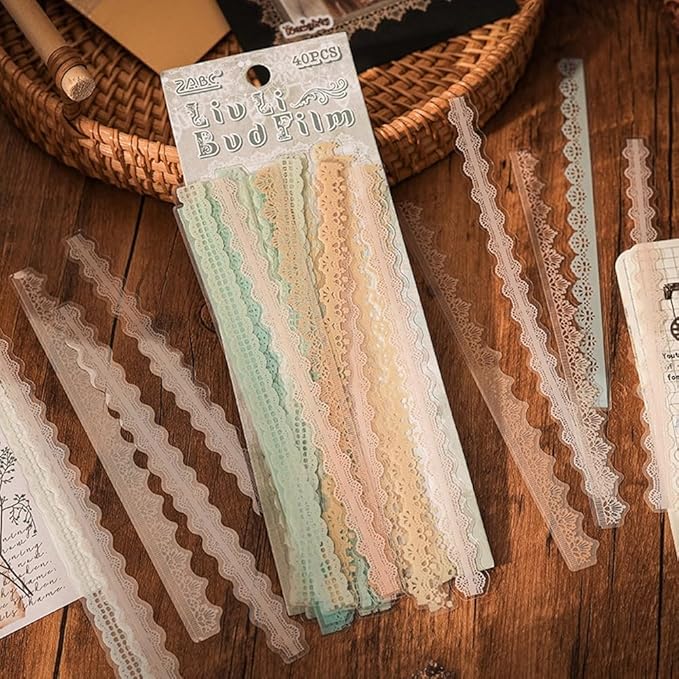 40 Pcs Transparent Lace Stickers for Scrapbooking Junk Journal Card Making Collage Diary Planner Notebook Letter Photo Album Craft Project Decoration, 5 Patterns