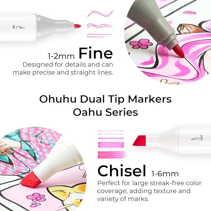 Ohuhu Alcohol Markers, 120-color Marker Set for Artists, Oahu Series, Double Tipped Alcohol Based Art Markers for Adults Coloring Sketching Illustration, Marker Case, Fine & Chisel