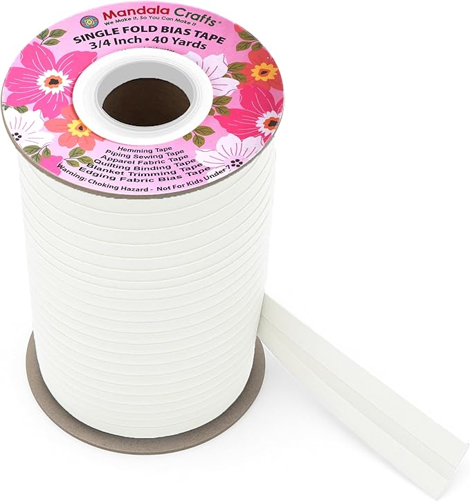 Mandala Crafts 3/4 Inch Single Fold Bias Tape for Sewing, Quilting, Piping, Hemming, Blanket & Quilt Binding – 40 Yards Off White Fabric Seam Binding Tape