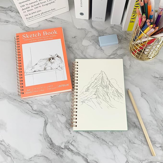 DSTELIN 7.5 x 5.1 Inch Mini Hardcover Sketchbook Set, 2-PC, Spiral Bound, 50 Acid-Free Drawing Sheets Each, Pink & Green Covers, Ideal for Beginners to Professionals
