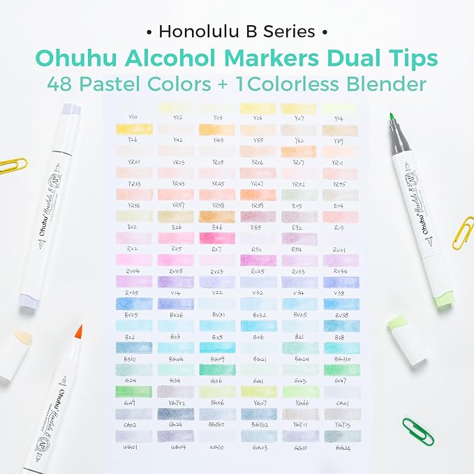 Ohuhu Pastel Markers Alcohol Based -96 Pastel Colors of Sweetness & Blossoming - Double Tipped Art Alcohol Markers for Artist Adults' Coloring Illustration - Brush & Fine - Honolulu B