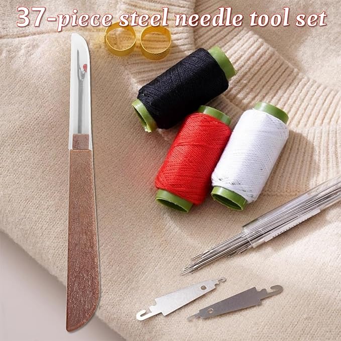 Big Eye Steel Sewing Needles Kit, 37PCS Sewing Tool Set Stainless Steel Sewing Needle Kit, Stainless Steel Hand Sewing Needles, Portable DIY Hand Made Craft Set,for Handcraft Lovers (37PC-1Set)