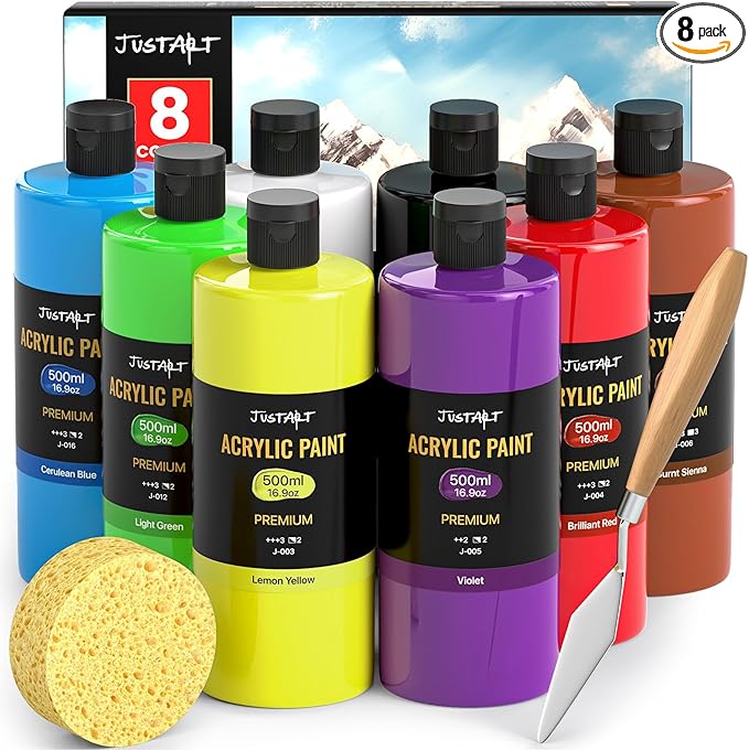JusArt Beginner Acrylic Paint Set, 8 Colors (16.9oz/500ml Each) Bulk Large Bottles Artist Primary Paints for Canvas, Walls, Ceramics, Rocks, Eggs, Glass, Crafts