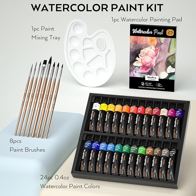 Nicpro Watercolor Paint Set for Adults, Beginner & Artists, 24 Colors Watercolor Tube Set (12ml,0.4oz) with 25 Watercolor Paper Book, 8 Squirrel Paint Brushes, Palettes, Water Color Painting Supplies