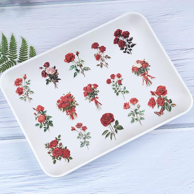 50 Pcs Vintage Red Rose Stickers for Scrapbooking – Retro Floral Clear Botanical Flower Stickers for Journaling, Aesthetic Decor, Collage, Cards Crafts