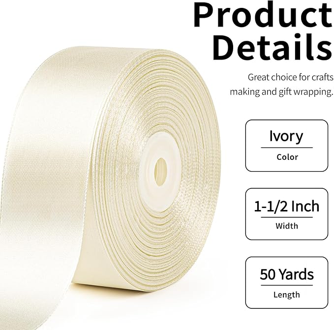 1-1/2 Inch Wide Ivory Satin Ribbon, 50 Yards Solid Polyester Fabric Ribbon for Roses Making, Gift Wrapping, Valentine's Day, Wedding Decorations, Crafts, Bows