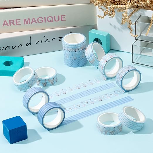 Laffact Blue Goose Washi Tapes - 12Rolls Blue Watercolor Coquette Bow Silly Goose Plaid Decoration Tape Set, Wrapping Paper Tape for Scrapbook Journal DIY Art Craft for Baby Shower Party Birthday Gift
