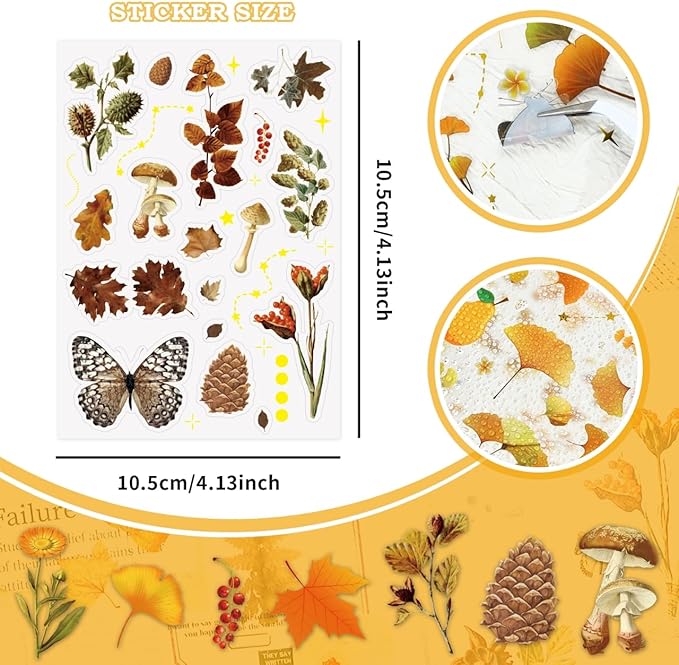 510 Pcs Natural Flower Stickers, 32 Sheets Vintage Leaf, Transparent Waterproof Fall Stickers for DIY Craft, Scrapbook,Card Making,Journal,Planner,Notebook