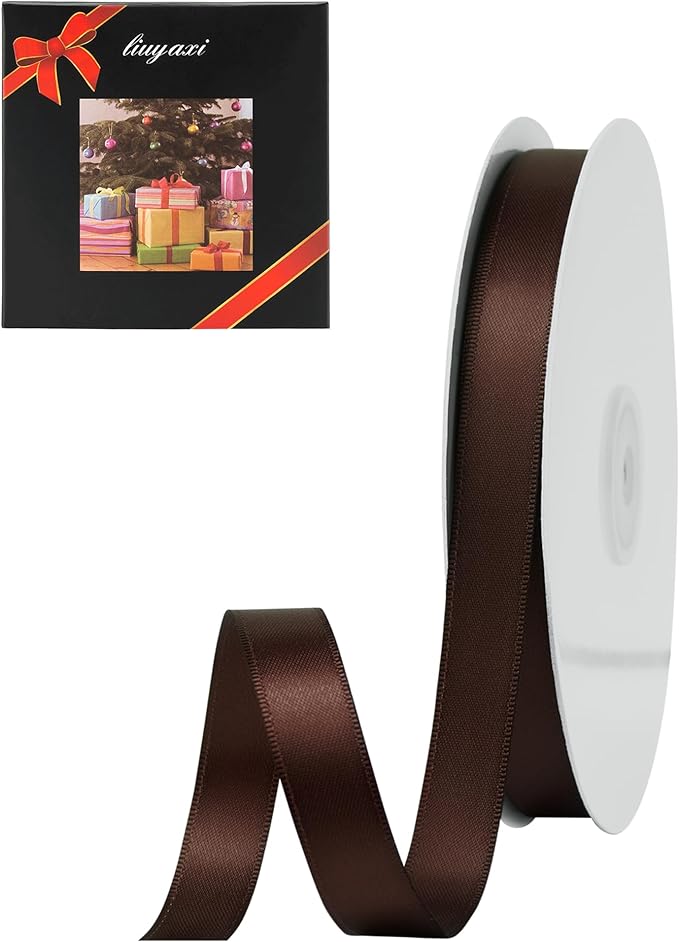 LIUYAXI Brown Satin Ribbon, Double Faced 5/8" X Continuous 25 Yards Ribbons Perfect for Gift Wrapping Bows Bouquet Wedding Craft and More