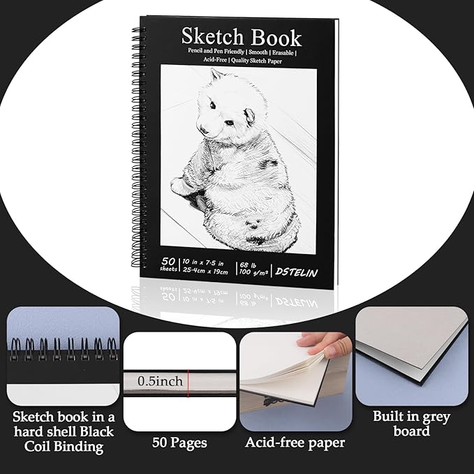 DSTELIN 10 x 7.5 Inch Black Sketchbook, Spiral Bound, 50 Sheets Acid-Free Drawing Paper, Ideal for Beginners and Professionals