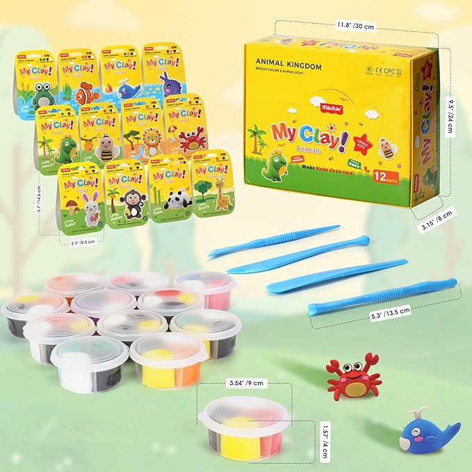 Air Dry Clay Kit, Modeling Magic Clay for Kids,12 Animals DIY Sculpting Set, Ultra Light & Soft, Safe Art Crafts Set for School Projects, Home Crafts,Party Activities, Gifts for Boys & Girls