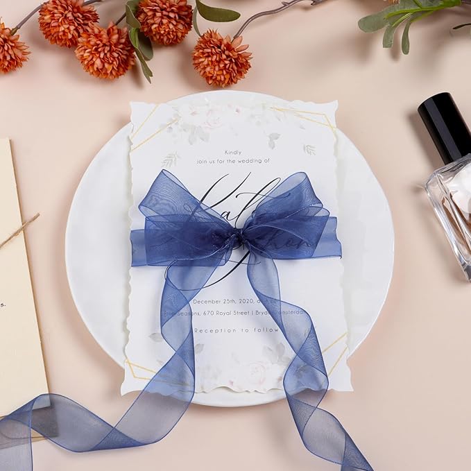 Navy Blue Ribbon for Gift Wrapping 3/8 inch Sheer Organza Ribbon for Flower Bouquet Tulle Chiffon Ribbons for Wedding Invitations Christmas Halloween Decorations Crafts 50 Yards