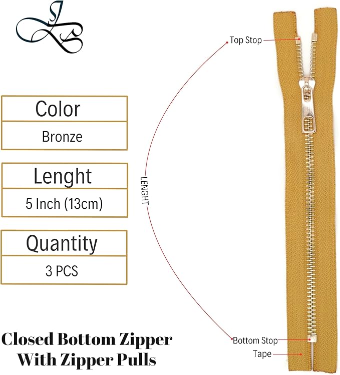 #5 Gold Metal Zipper - 50+ Colors - 3 PCS - (4-14 inches) Sizes - Luxury Lightweight Handcraft Metal Zippers with pulls for Purses Bags Pockets Shoes Sewing & Crafts DIY ZP02135