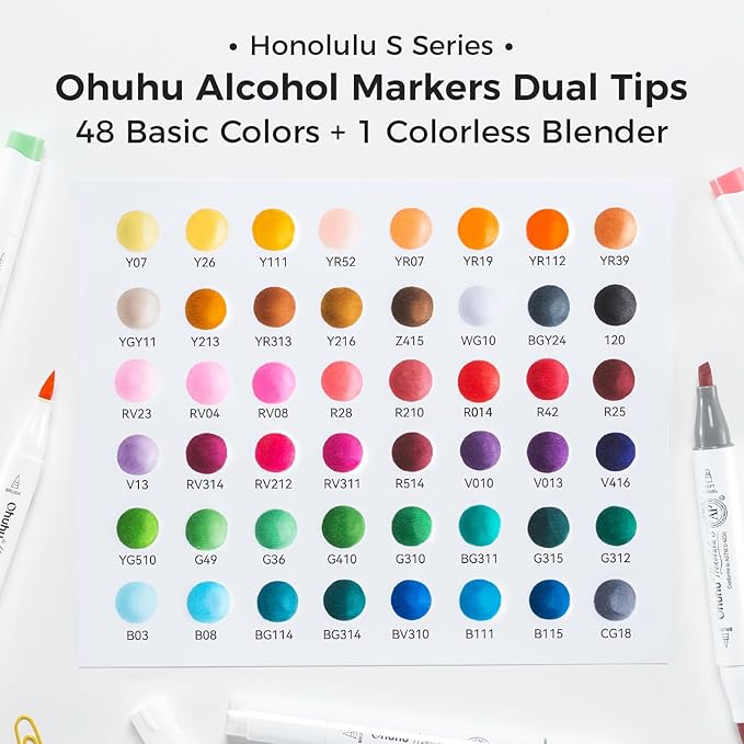 Ohuhu Alcohol Markers Brush and Soft Chisel: AP Certificated 48-color Dual Tips Drawing Markers for Artists Beginners Adults Cozy Coloring Illustration Sketching - Honolulu S - Refillable