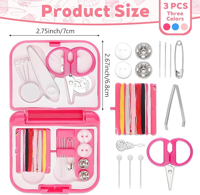 3 Pcs Mini Travel Emergency Sewing Kit – Portable Plastic Box Set with Threads,Needles,Scissors & Threader,Beginner-Friendly for Adults,Women,Mom,Traveler (Pink,Blue,Fuchsia)