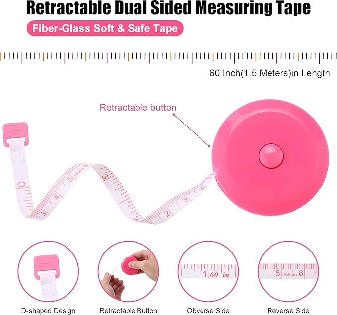 Tape Measure 150 cm 60 Inch Push Button Tape Body Measuring Soft Retractable for Sewing Double-Sided Tailor Cloth Ruler (Pink) 3 Pack by BUSHIBU